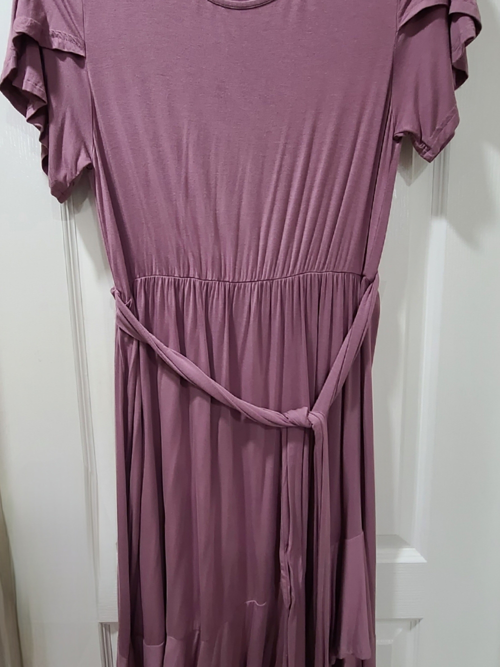 Levaca Plain Casual Flowy Short Sleeve Midi Dress with Belt Mauve/Purple